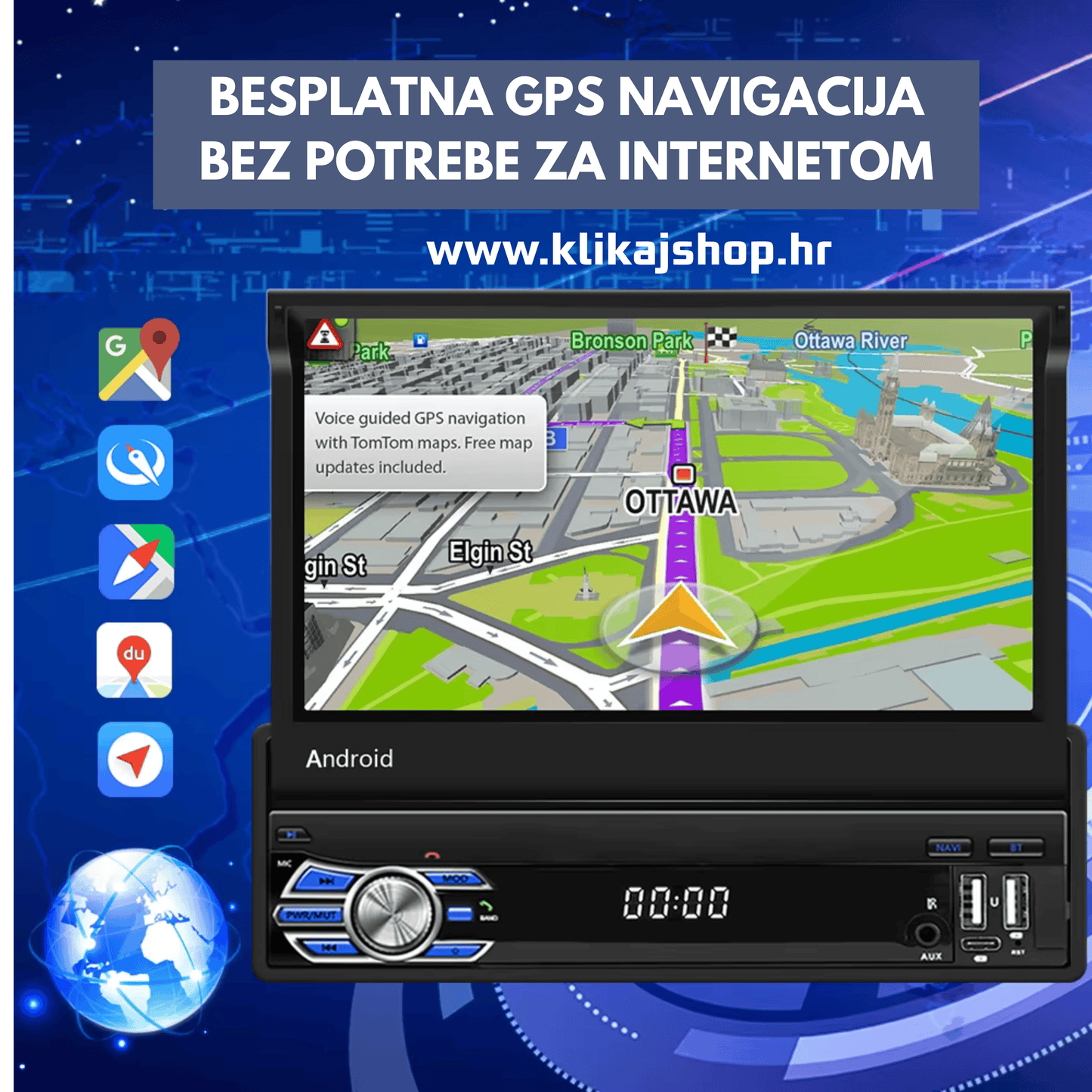1 DIN 7" ANDROID AUTO RADIO, CAR PLAY, NAVIGACIJA, PARKING KAMERA